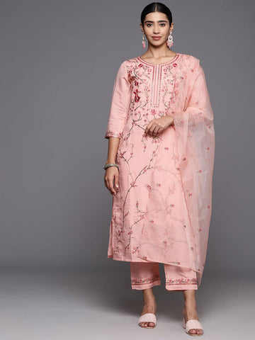 Varanga Women Peach Embroidered Kurta With Bottom And Organza Embroidered Dupatta